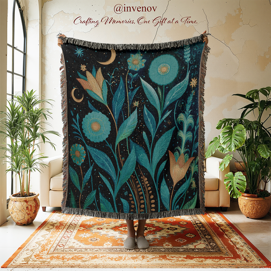 Decorative blanket with floral design held up in a room with plants and furniture.