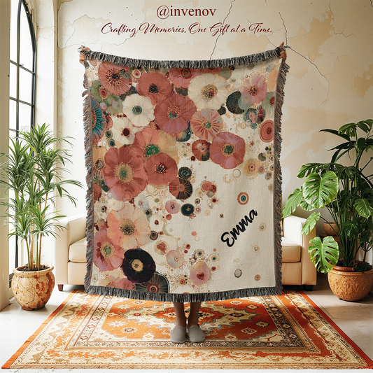 Floral patterned throw blanket in a room with plants and furniture.