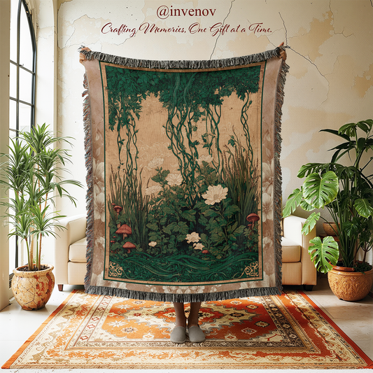 Decorative tapestry with nature design in a room with plants and furniture.
