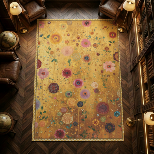 Yellow Art Nouveau Floral Carpet, Maximalist Boho Decor, Gustav Klimt Inspired Area Rug,  Abstract Flower Floor Mat, Artistic Home Gift