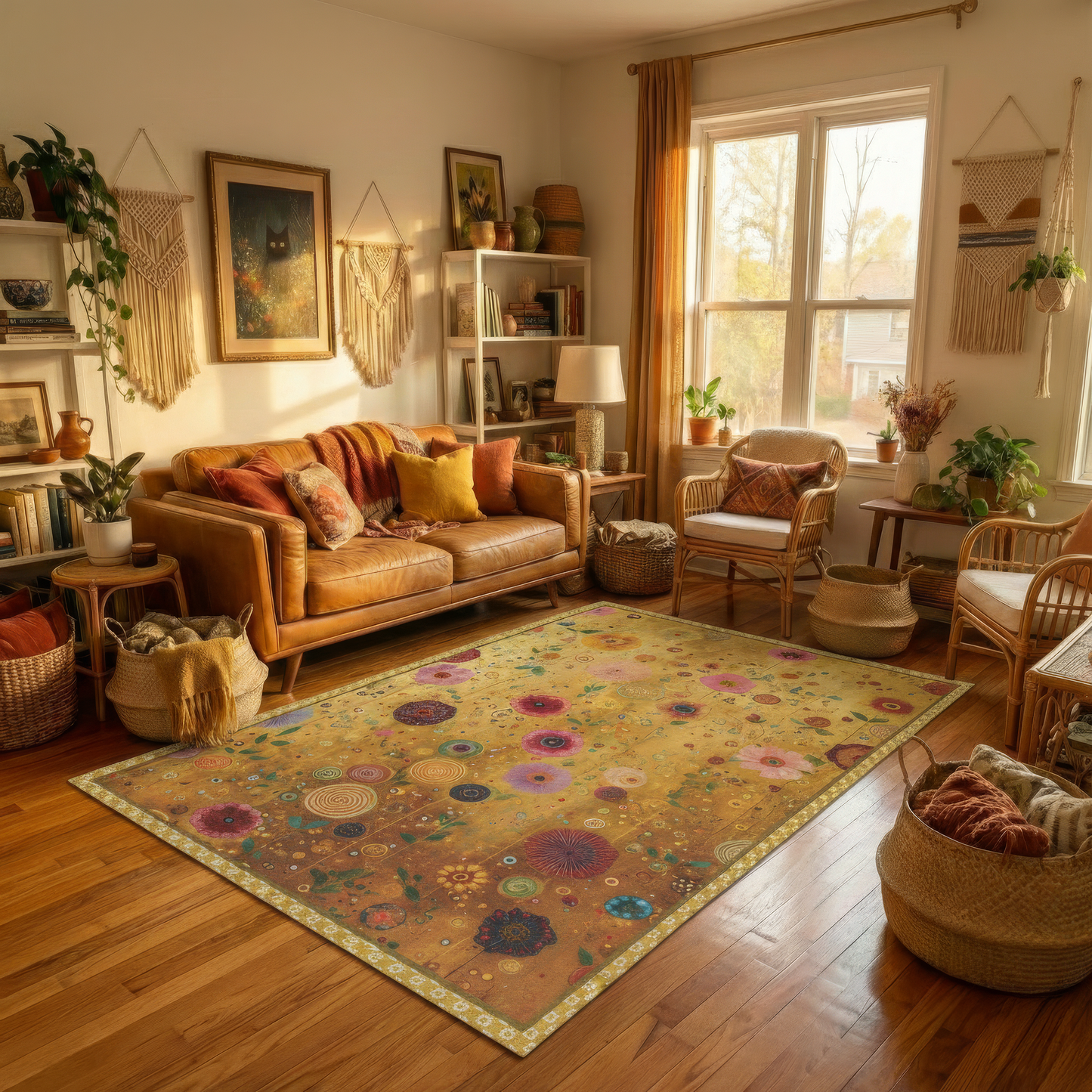 Yellow Art Nouveau Floral Carpet, Maximalist Boho Decor, Gustav Klimt Inspired Area Rug,  Abstract Flower Floor Mat, Artistic Home Gift