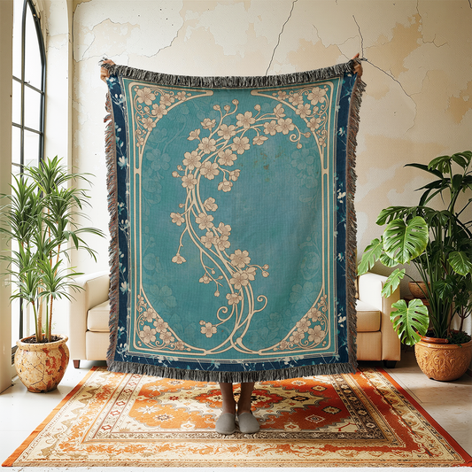 Decorative tapestry with floral pattern in a room with plants and furniture.