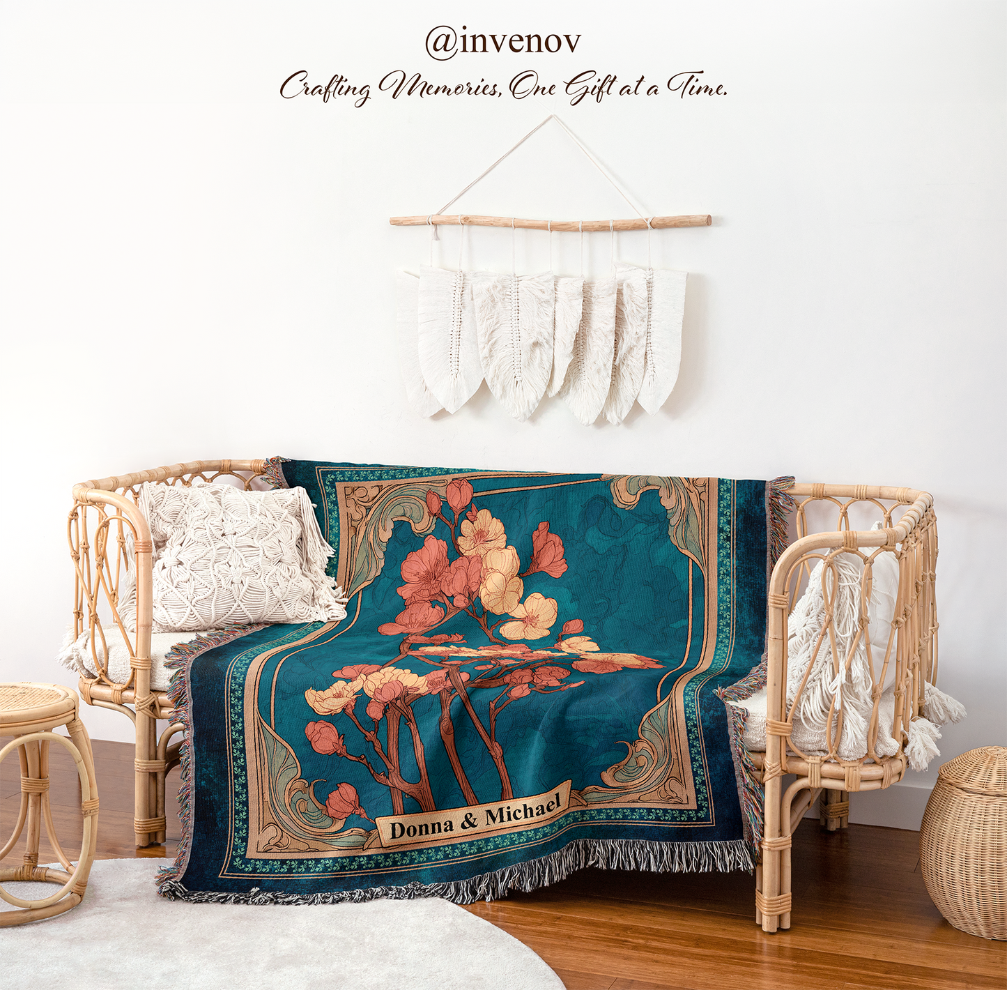 Decorative blanket with floral design on a chair