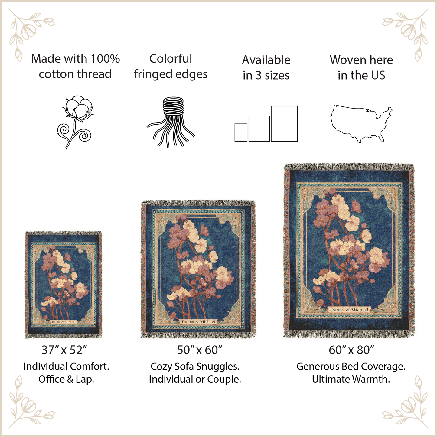 Woven blanket with fringed edges, displayed in three sizes, on a light beige background.
