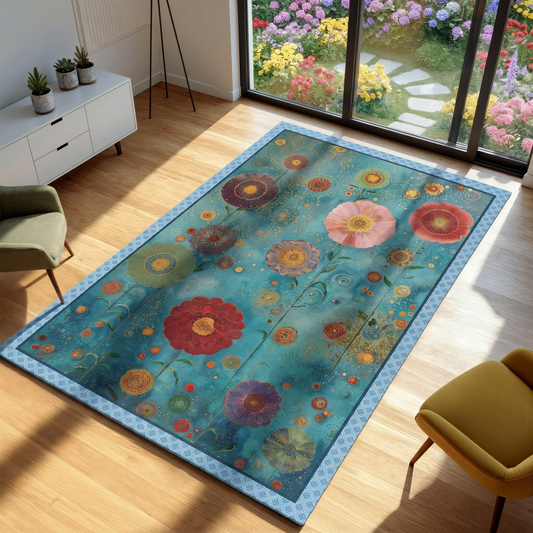 Floral patterned rug on a wooden floor with a garden view outside.
