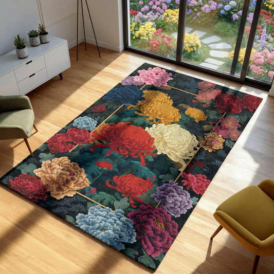 Floral patterned rug on a wooden floor with a view of a garden.