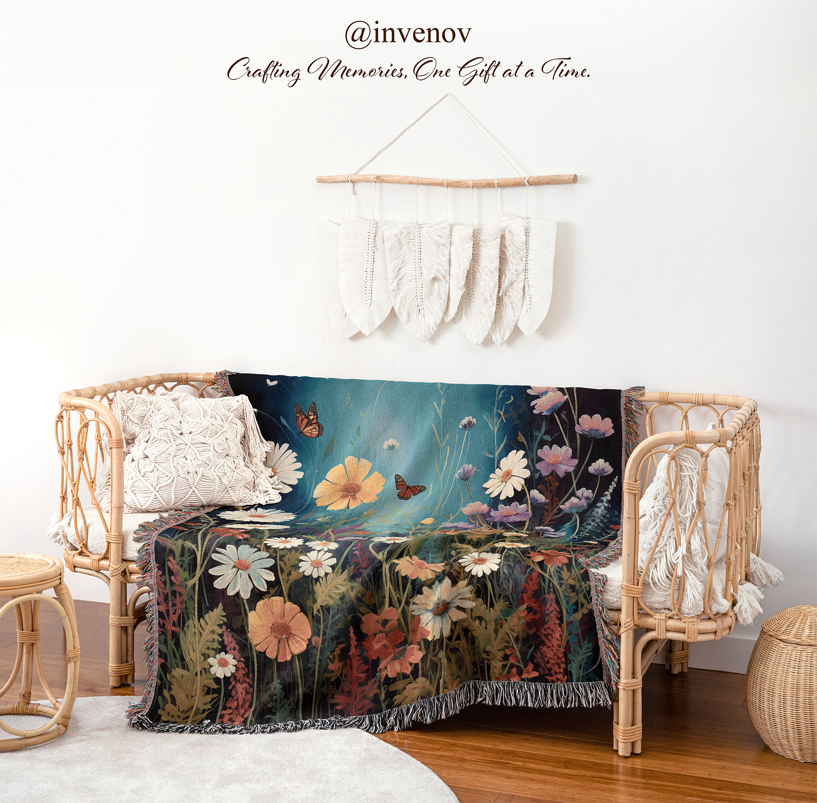 Floral blanket draped over a chair with decorative elements in the background