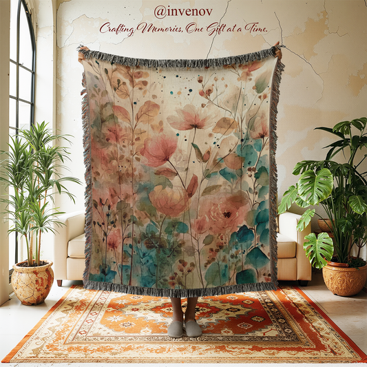 Floral patterned throw blanket displayed in a room with plants and furniture.