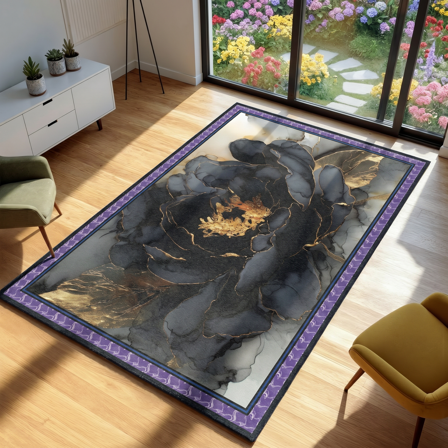 Decorative rug with floral design on a wooden floor in a room with a garden view.