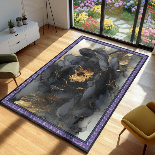 Decorative rug with floral design on a wooden floor in a room with a garden view.