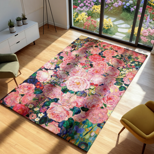 Vibrant Pink Rose Garden Area Rug, Colorful Floral Botanical Floor Mat, Modern Cottage Style Home Decor, Living Room Bedroom