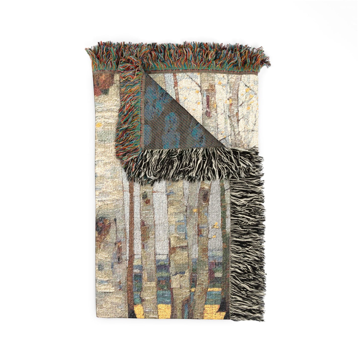 Woven blanket with fringes on a white background