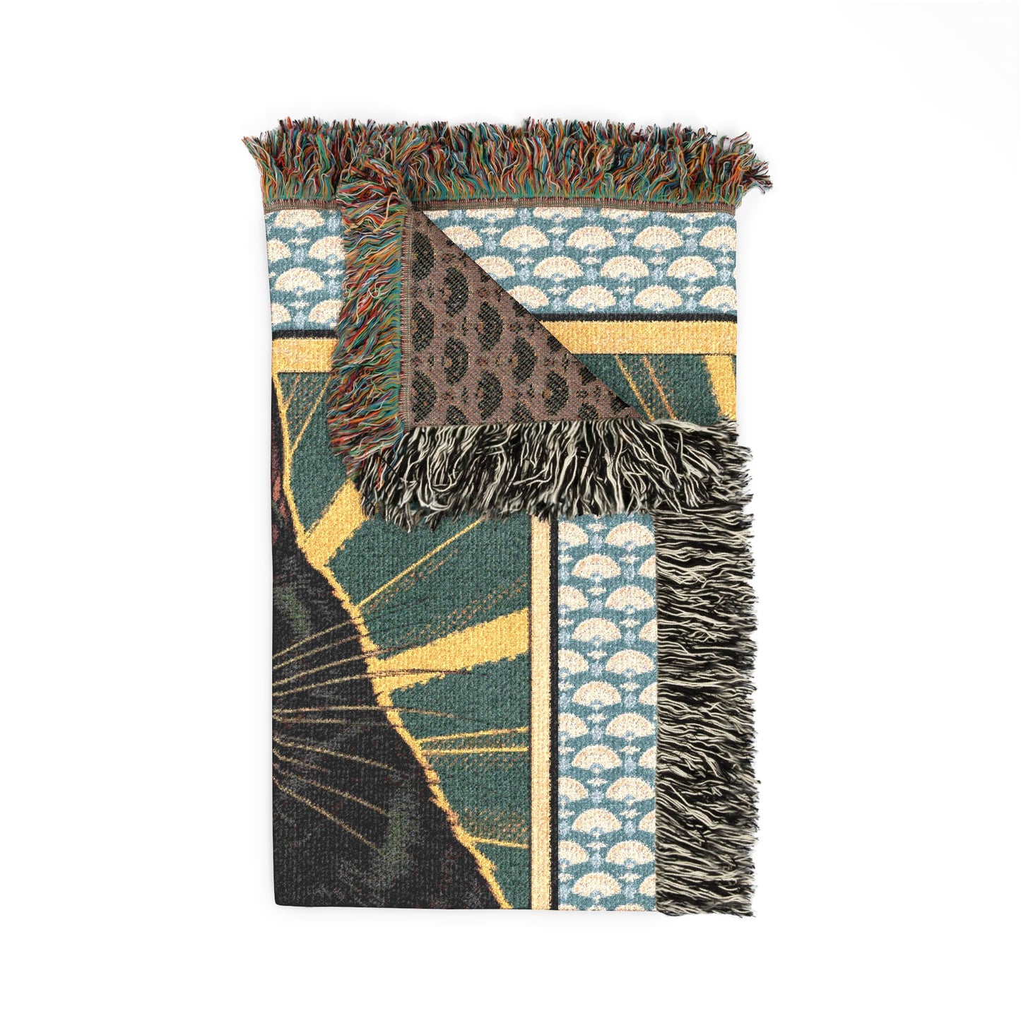 Decorative blanket with leopard print and geometric patterns on a white background