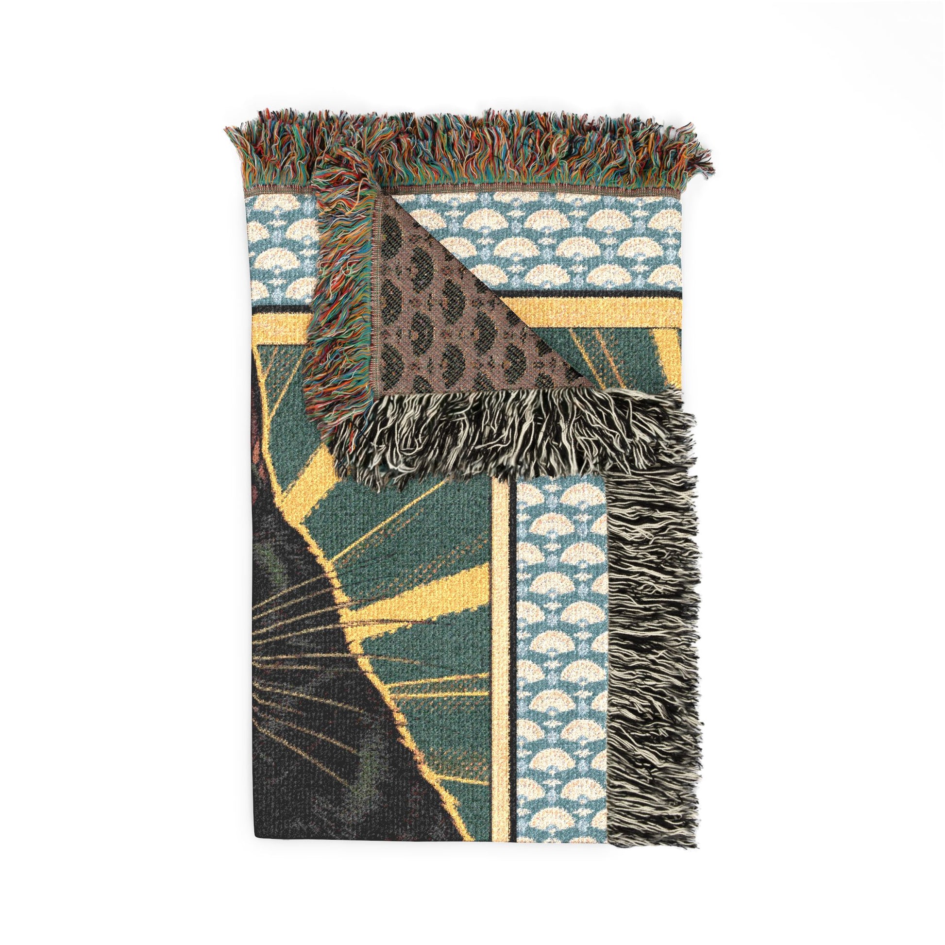 Decorative blanket with leopard print and geometric patterns on a white background