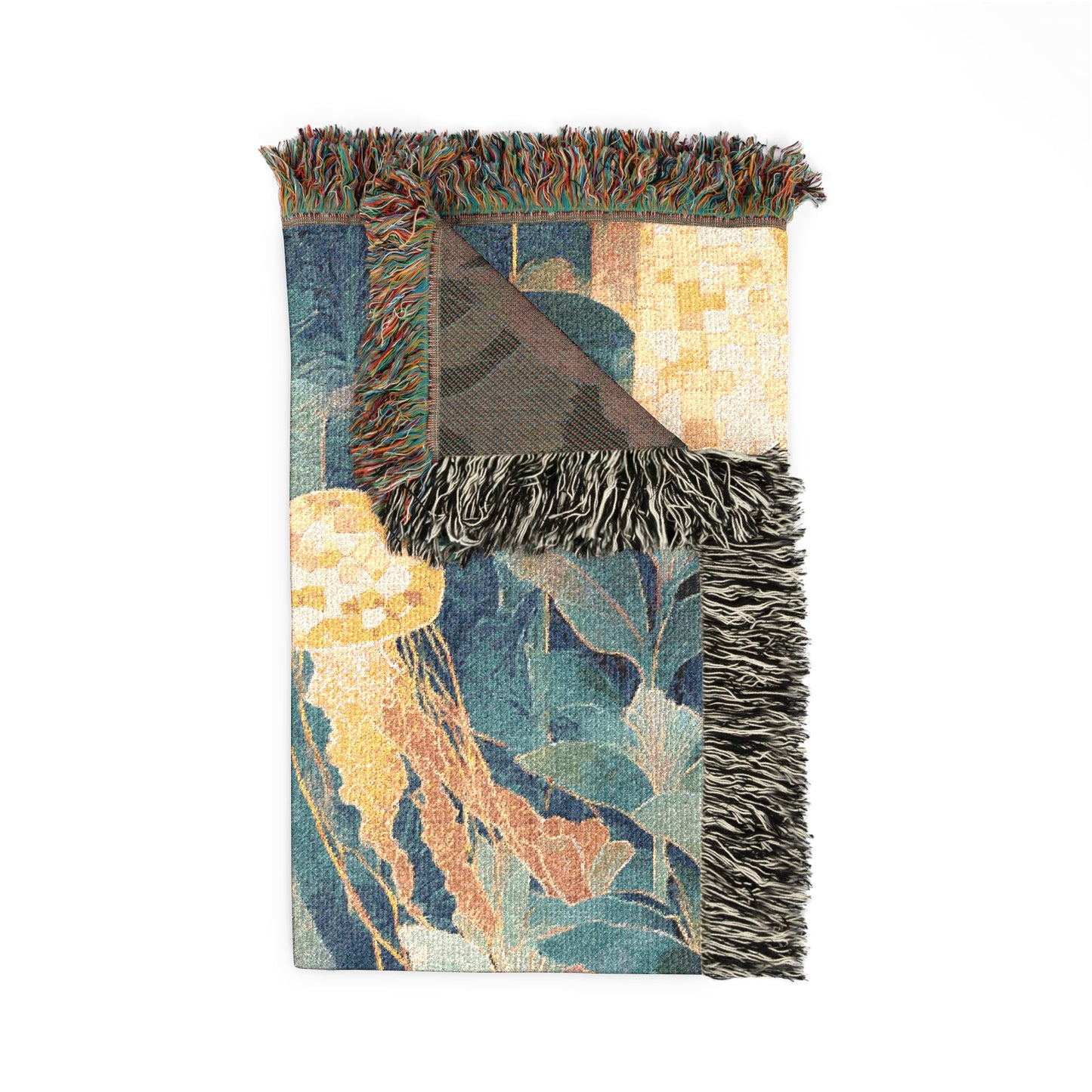 Decorative blanket with fringes and abstract design on a white background