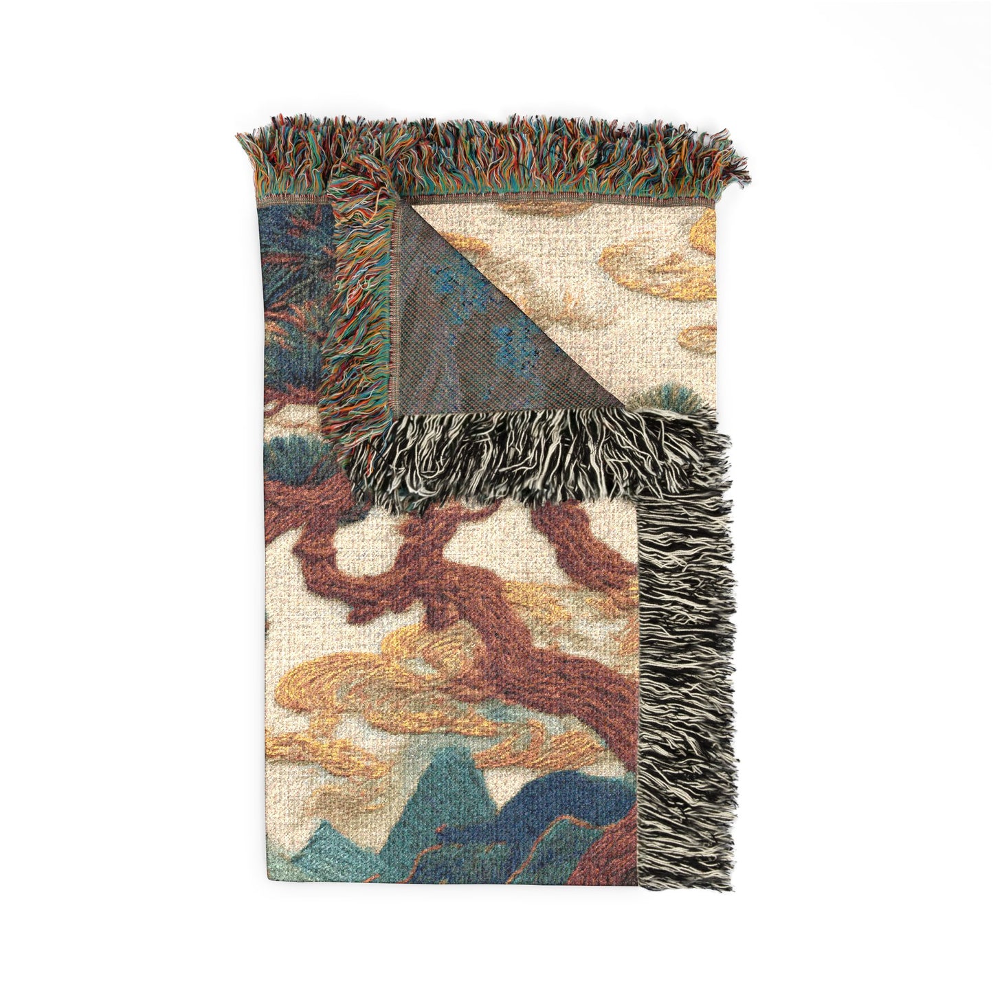 Close up of a woven Blanket with tiger designs