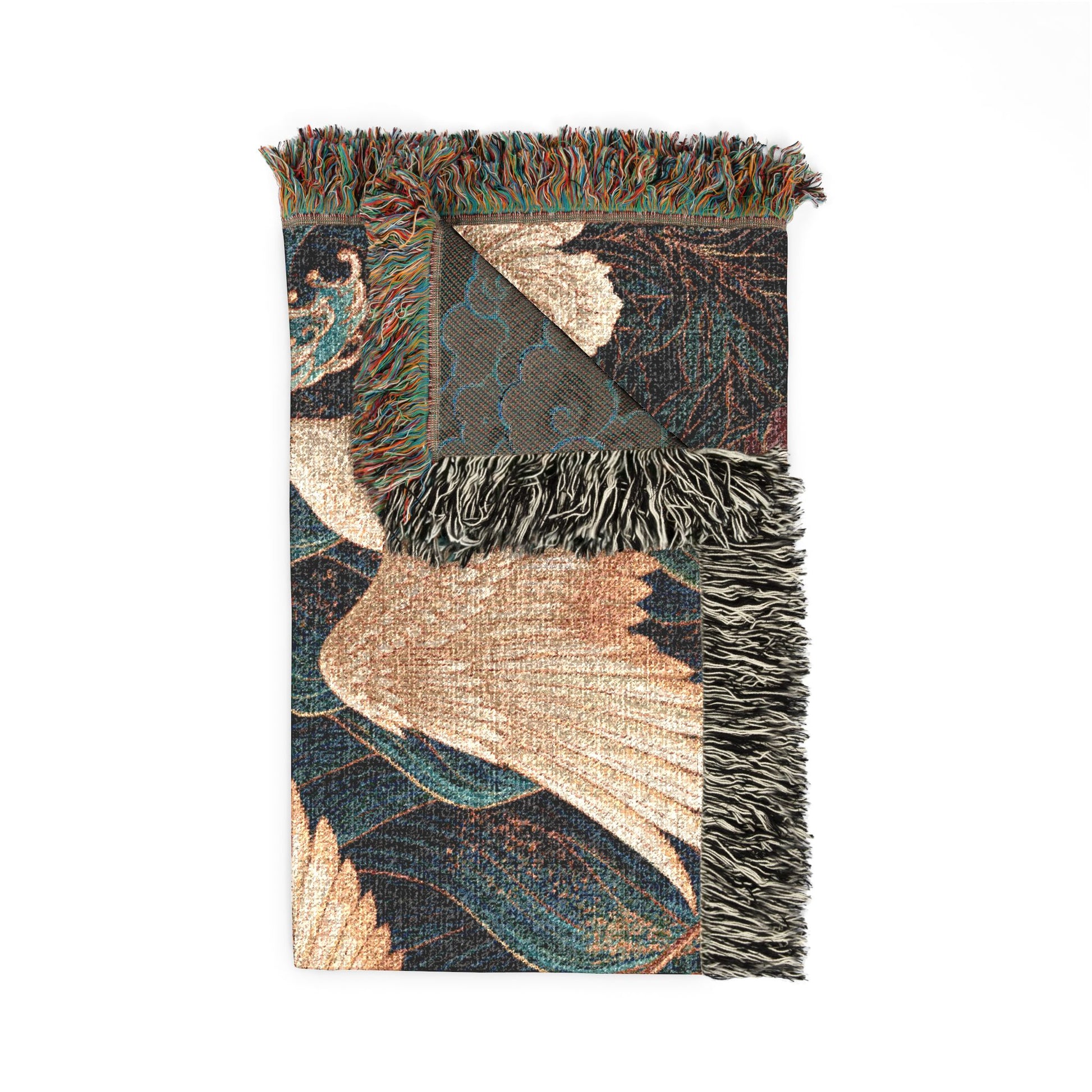 A woven throw blanket featuring a Japanese-style crane pattern in beige, teal, and black, finished with fringed edges.