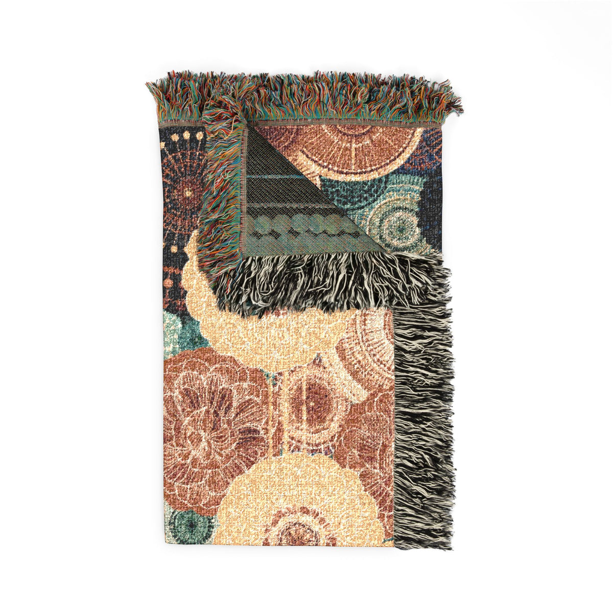 A rectangular woven throw blanket with fringed edges, featuring an abstract geometric and floral pattern in muted tones of brown, beige, teal, and black on a white background.