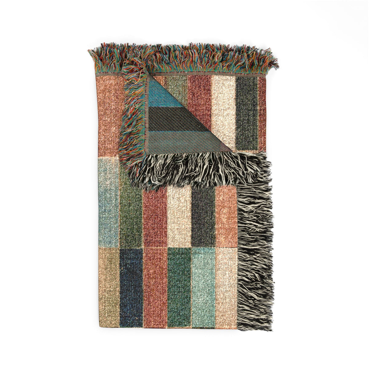 A multicolor woven throw blanket with a patchwork design and fringed edges, shown on a plain white background.