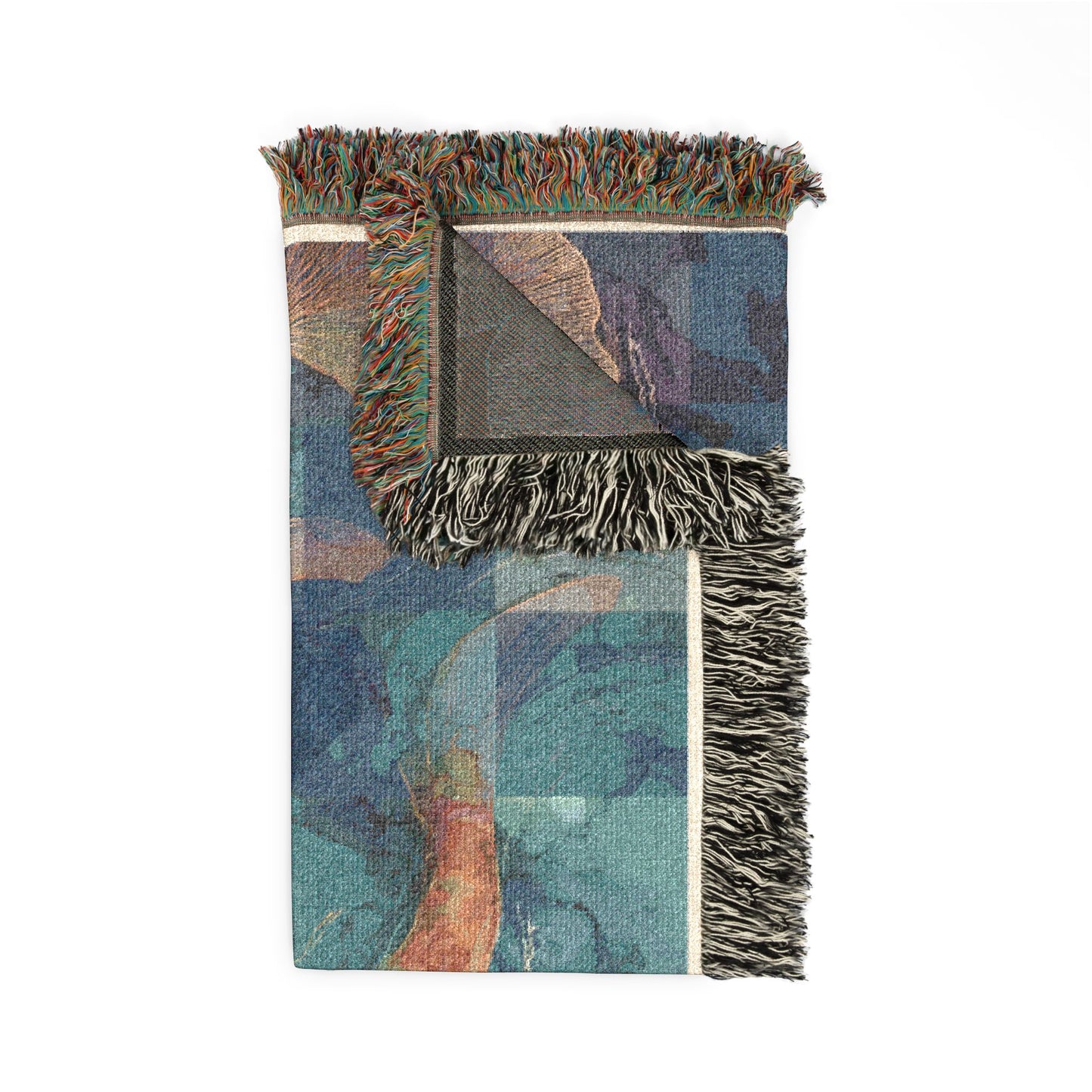 Multicolored rug with fringe on a white background