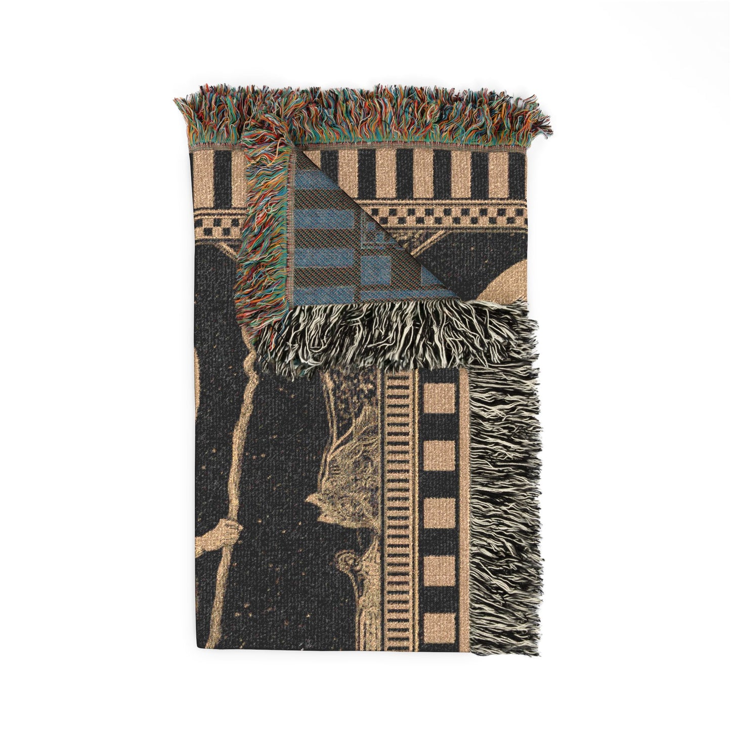 Patterned throw blanket with fringes on a white background