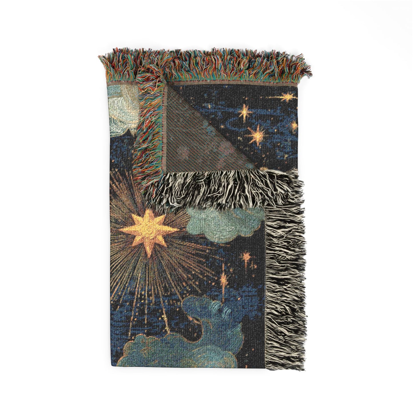 Decorative blanket with star and cloud pattern on a white background
