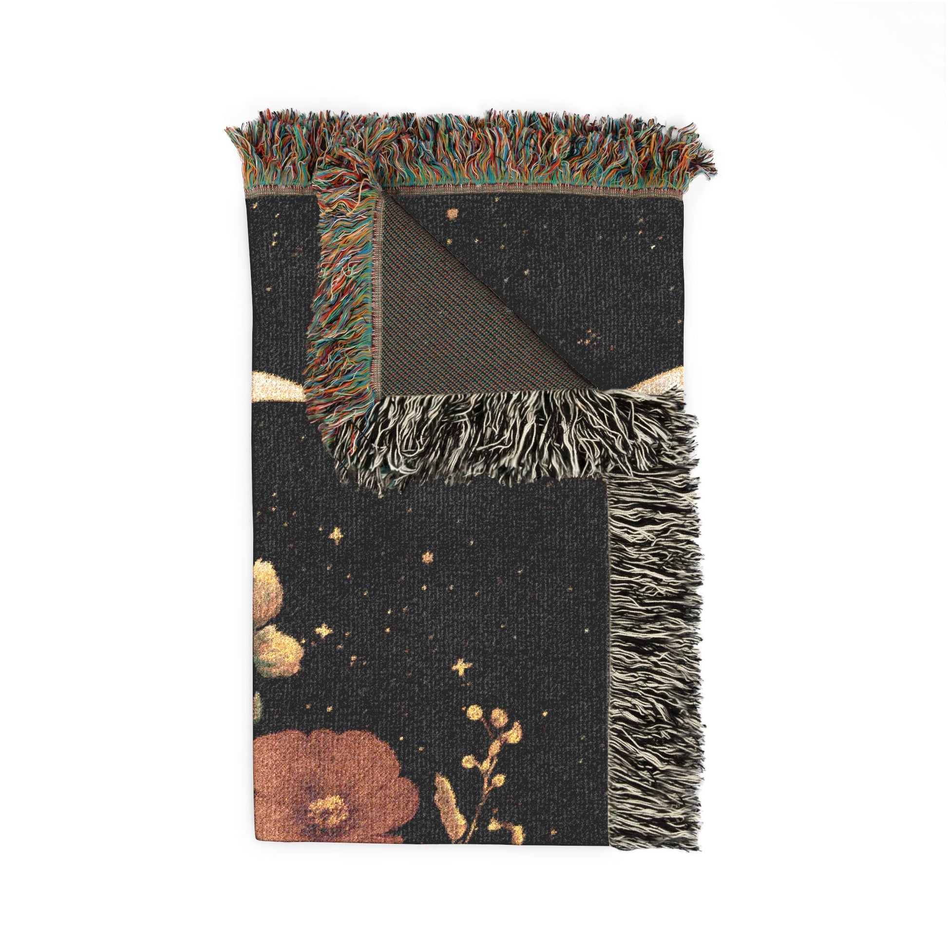 Floral-patterned blanket with fringed edges on a white background