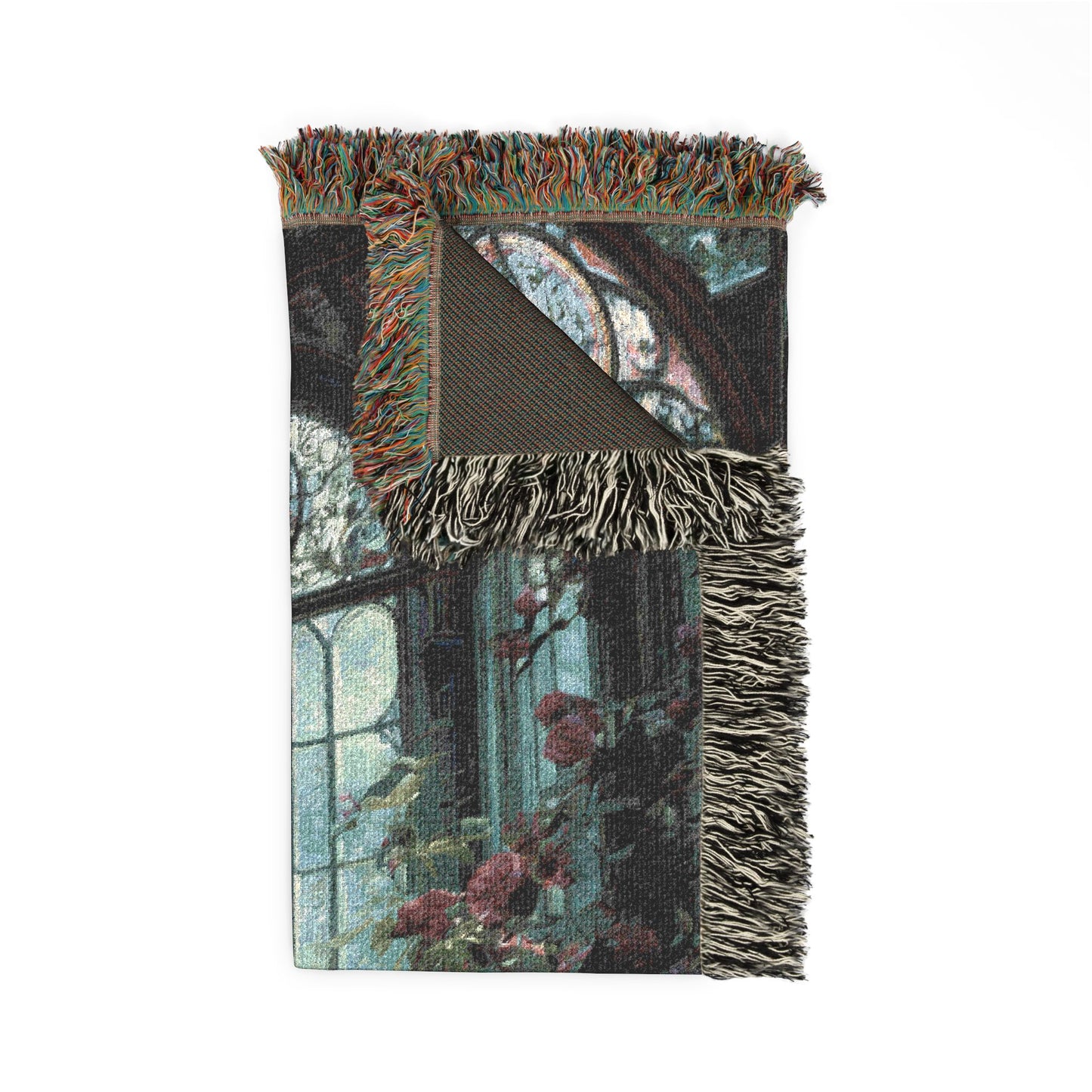 Decorative throw blanket with a scenic design on a white background