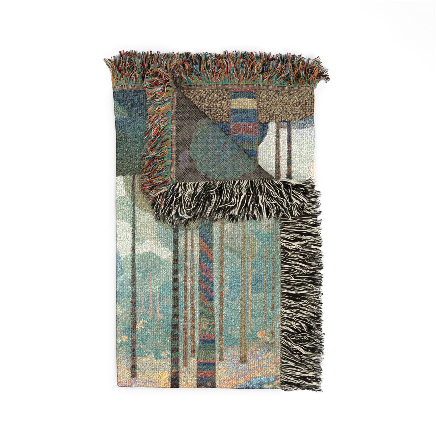 Multicolored woven blanket with fringe on a white background