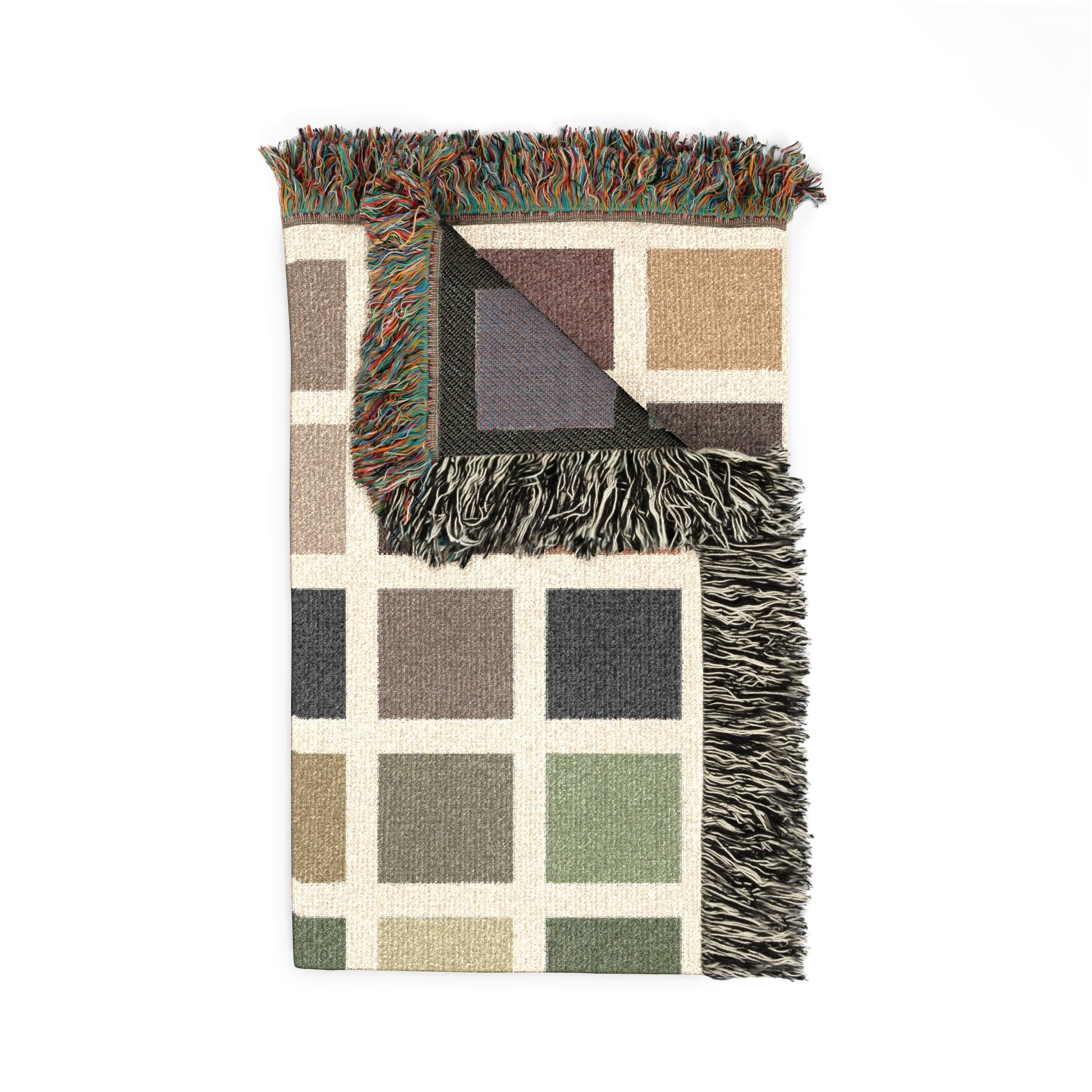 Plaid blanket with brown, green, and beige colors on a white background