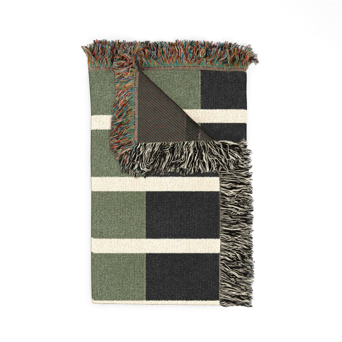 Plaid blanket with green, black, and beige colors on a white background