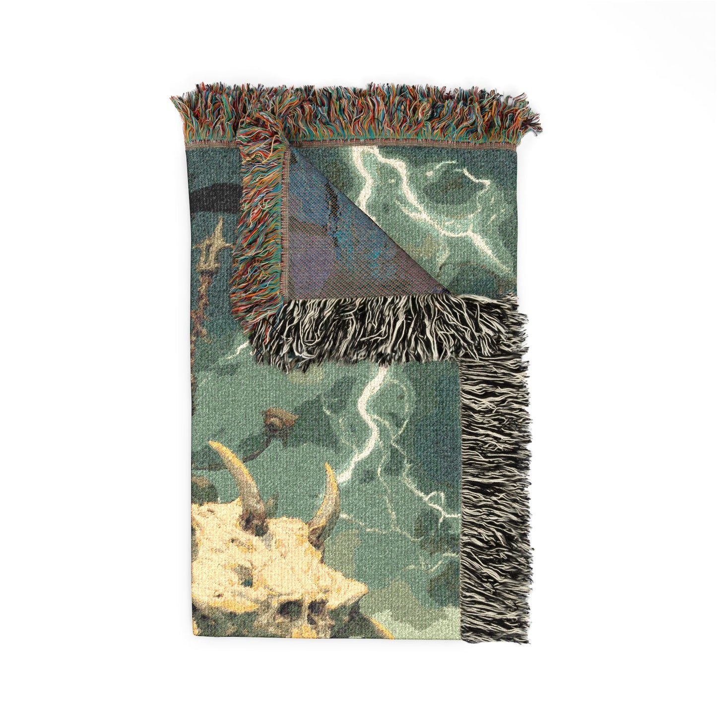 Decorative blanket with abstract design and fringed edges on a white background