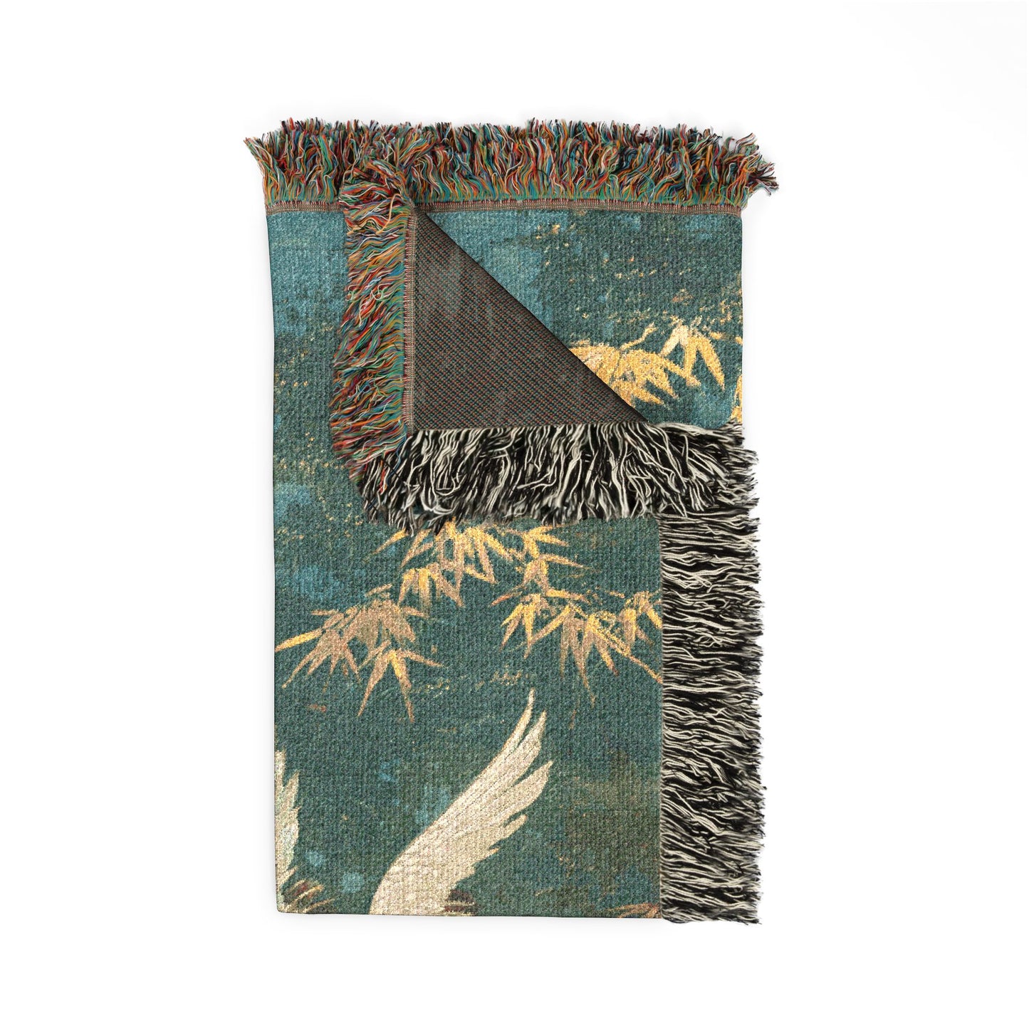 Decorative rug with bamboo and crane design on a white background