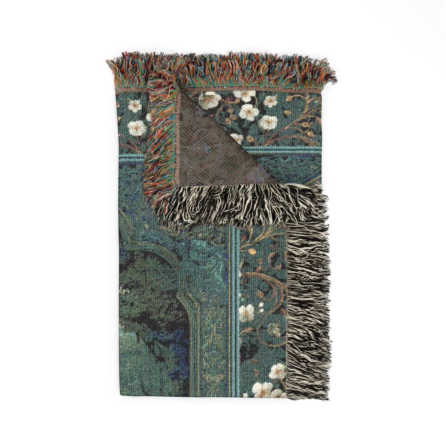 Decorative rug with floral patterns and fringed edges on a white background