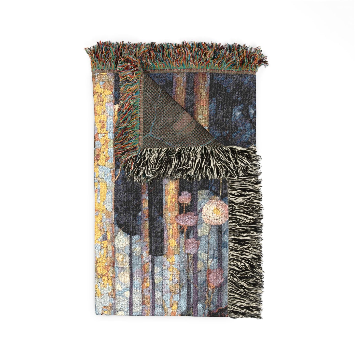 Woven Blanket with floral patterns and fringed edges on a white background