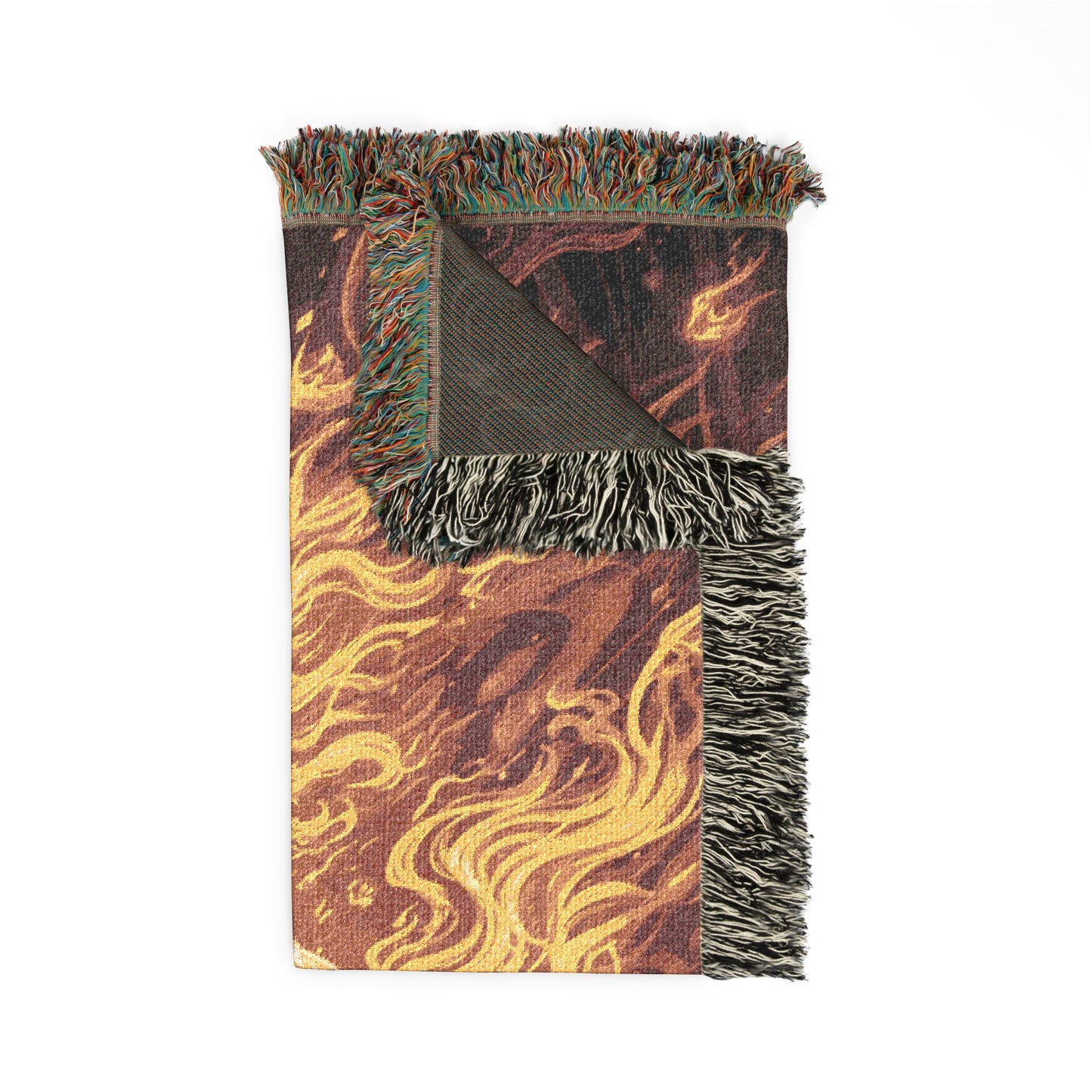 Woven blanket with flame pattern and fringed edges on a white background