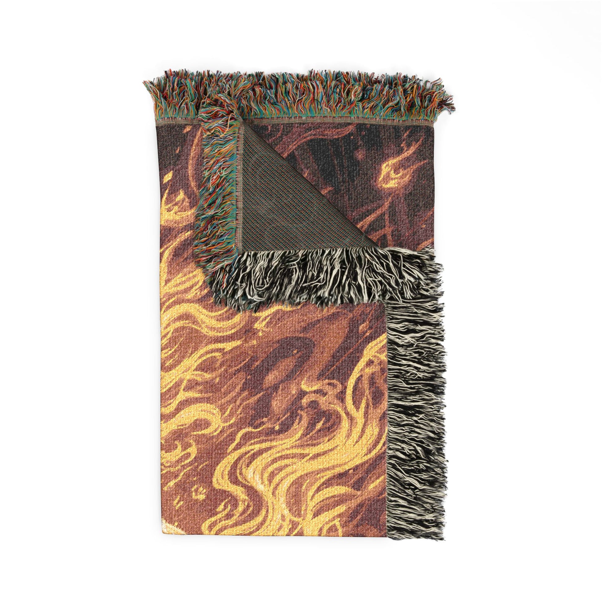 Woven blanket with flame pattern and fringed edges on a white background