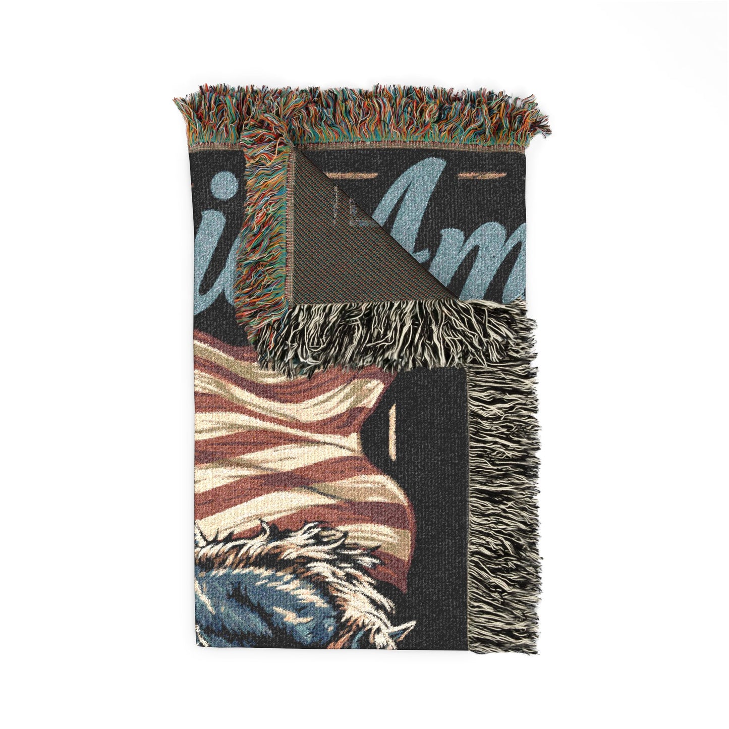 Woven blanket with fringe edges featuring abstract patterns on a white background
