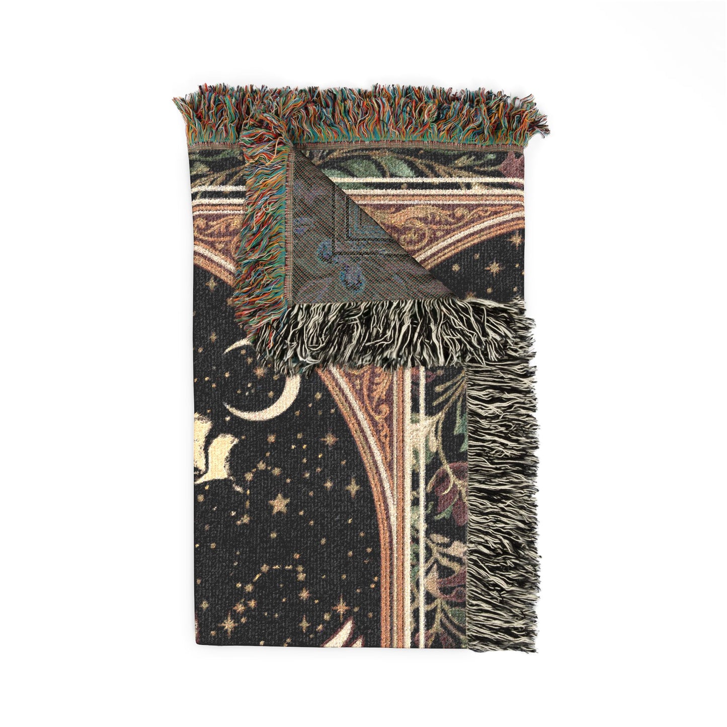 Decorative throw blanket with celestial pattern and fringe on a white background