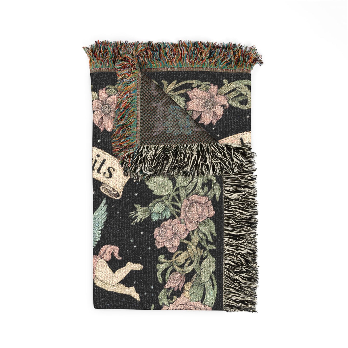 Decorative throw blanket with floral and celestial design on a white background