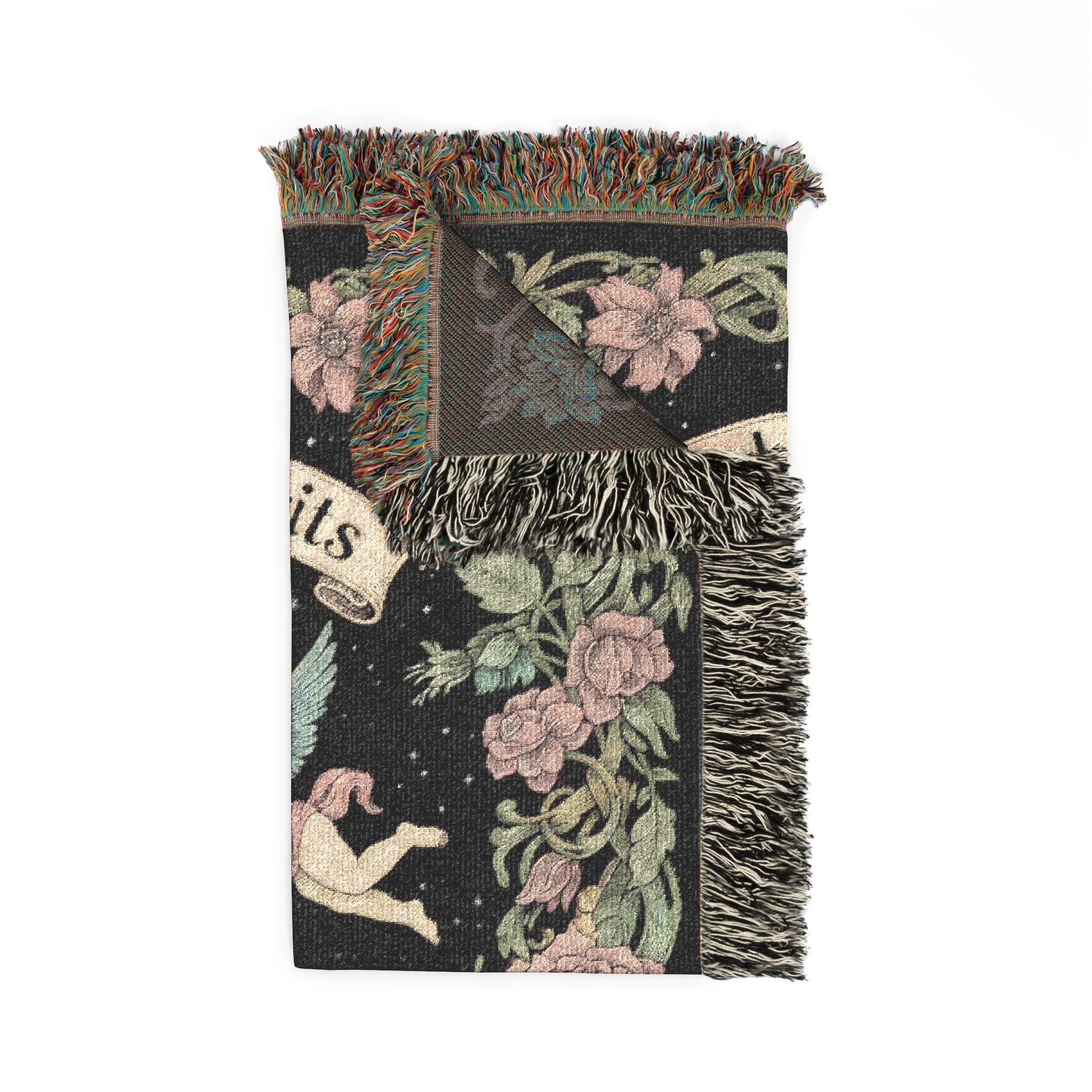 Decorative throw blanket with floral and celestial design on a white background