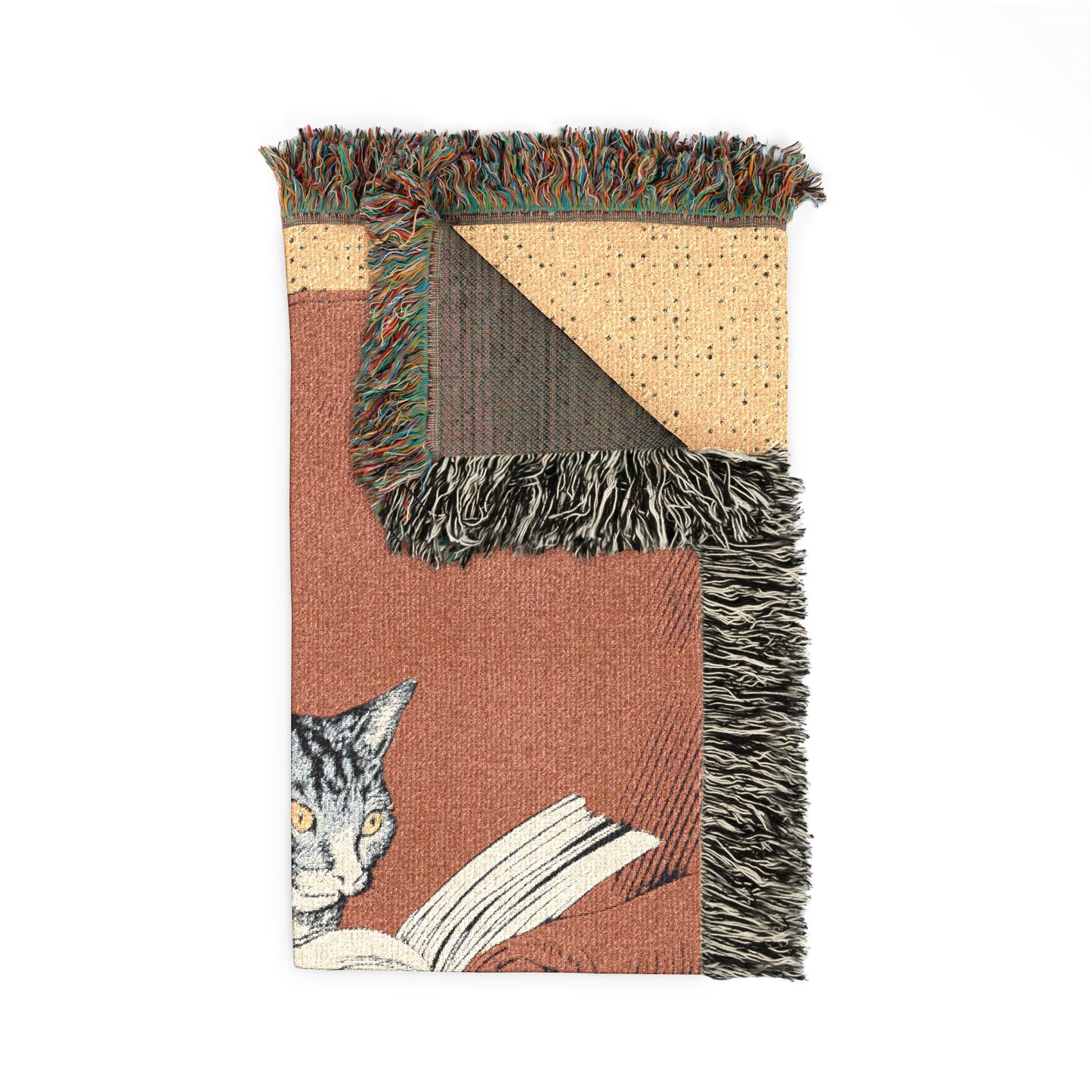 woven blanket with a cat reading a book design on a white background