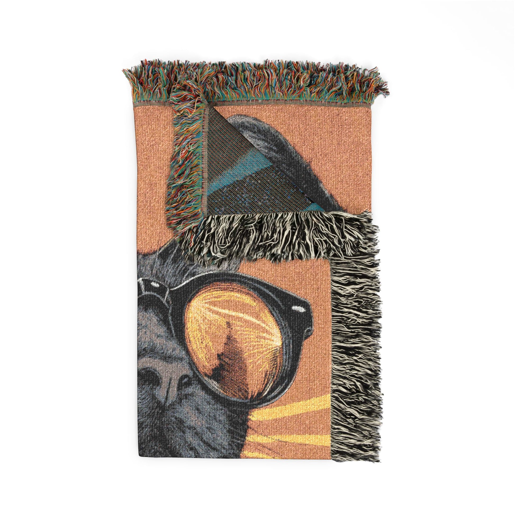 woven blanket with cat graphic