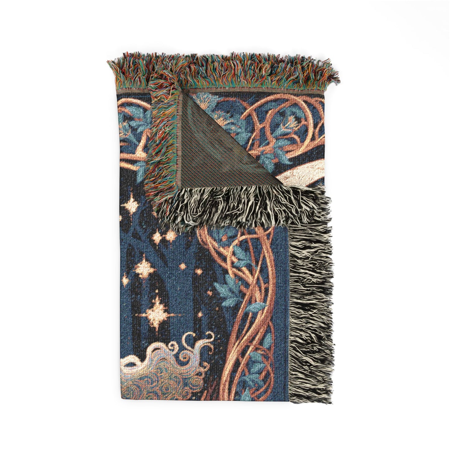 woven blanket with moon goddess designs