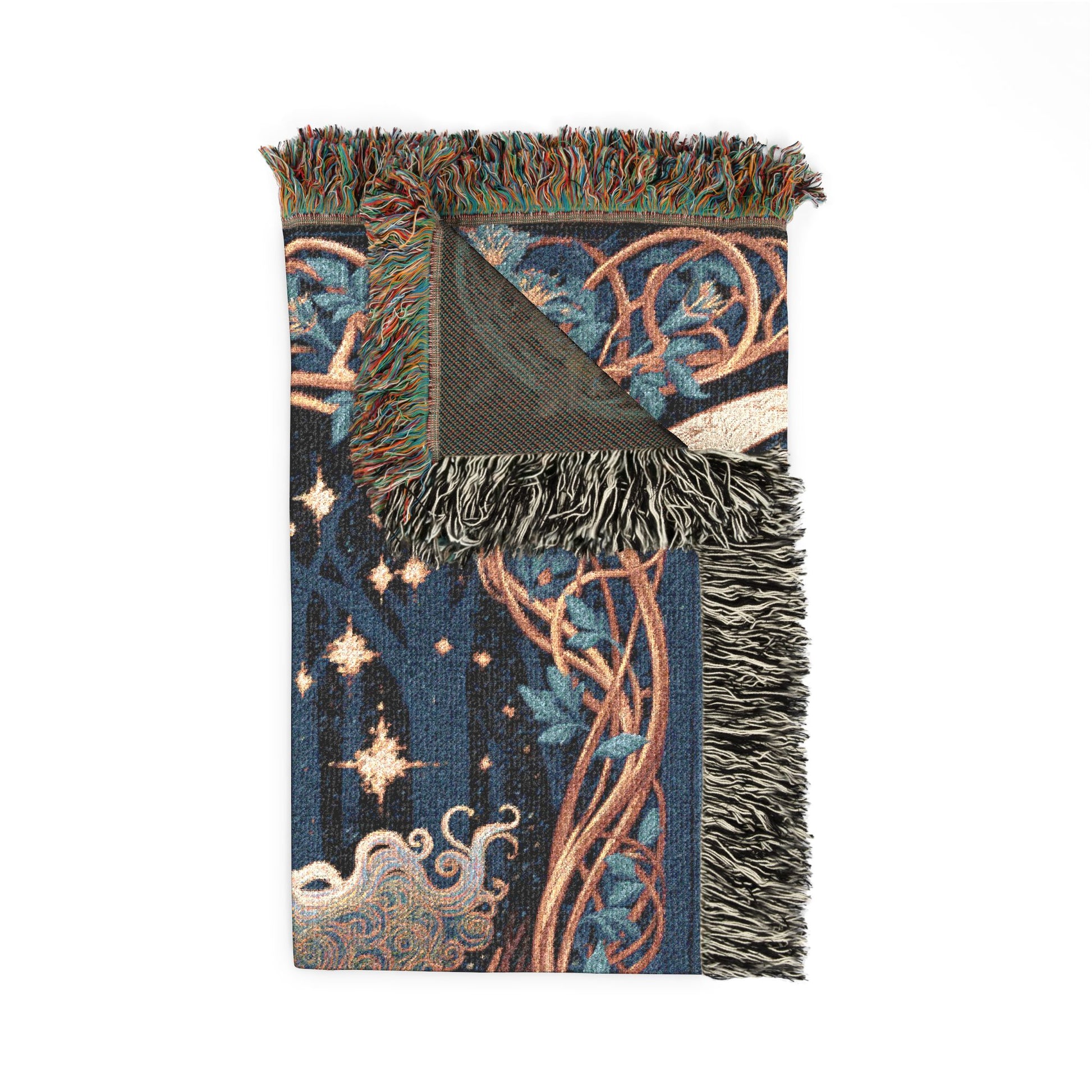 woven blanket with moon goddess designs