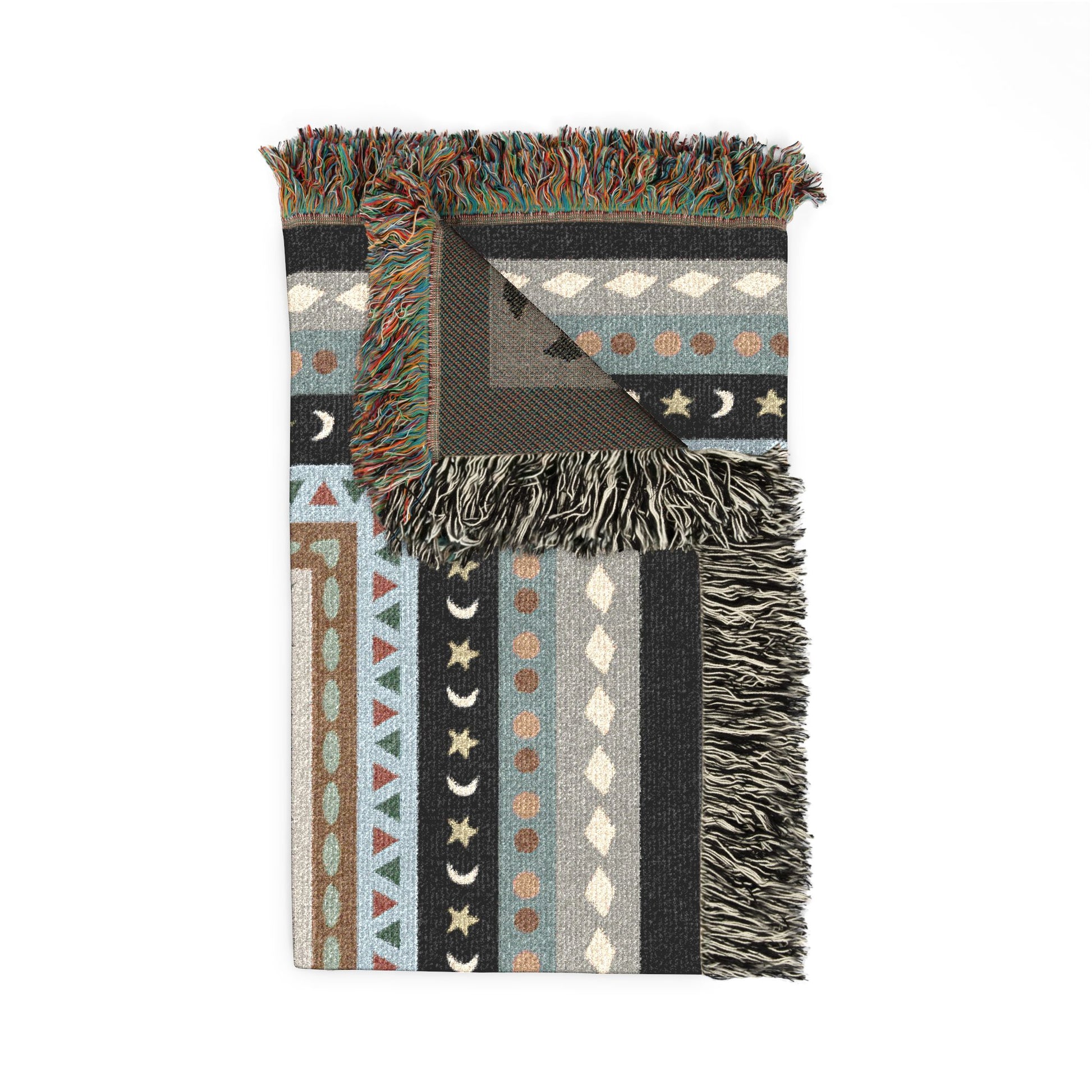 Woven blanket with geometric pattern and fringed edges on a white background