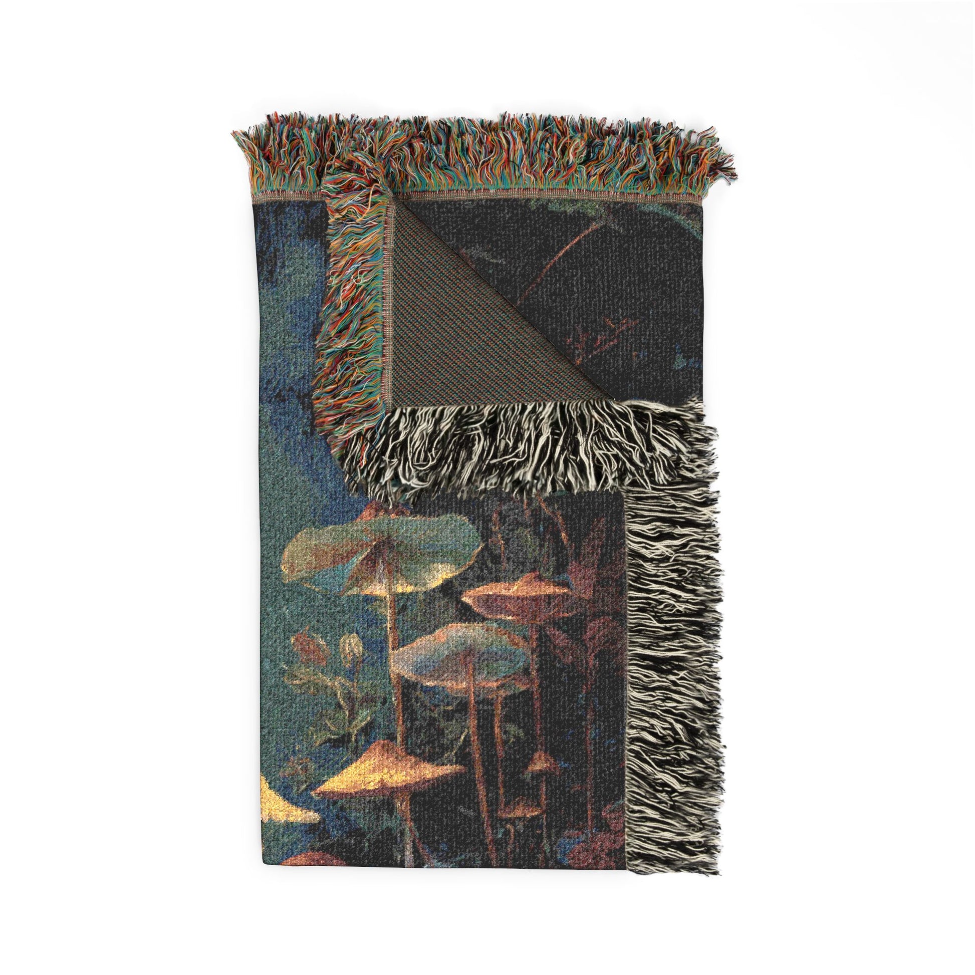 woven blanket with mushroom designs