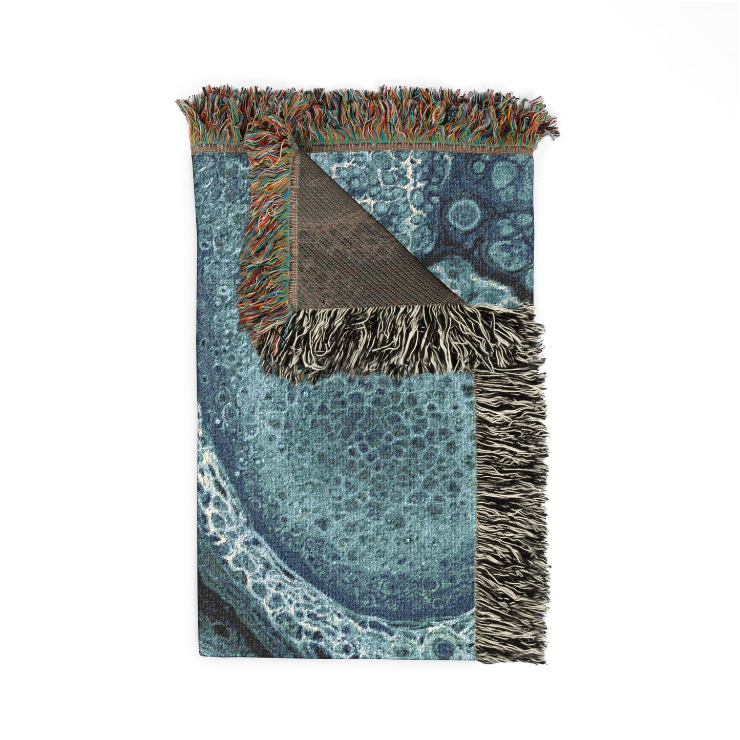 woven blanket with blue abstract designs