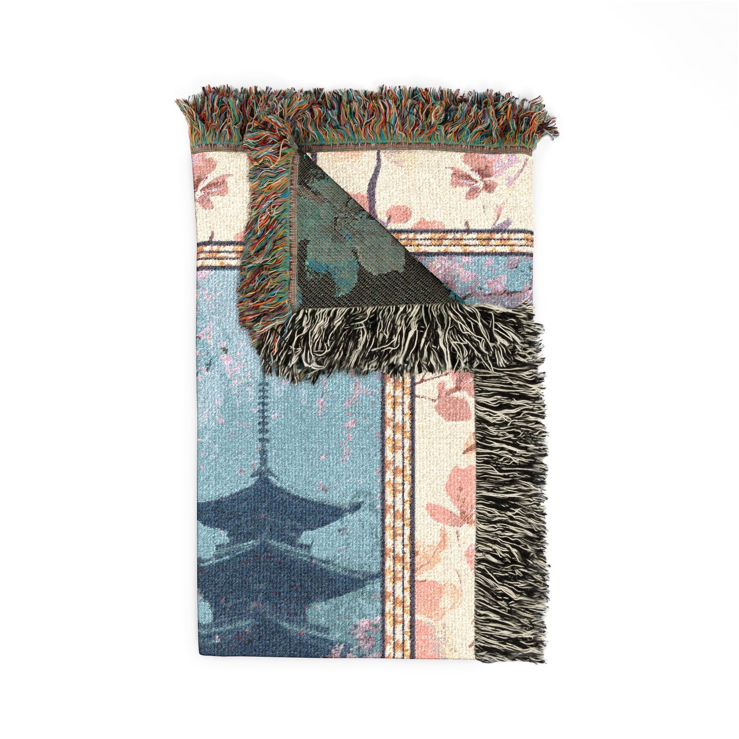 Multicolored woven fabric with fringe on a white background