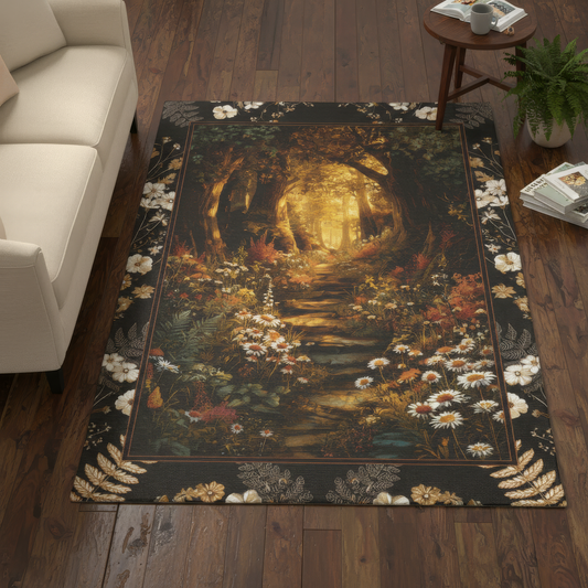 Enchanted Forest Path Wildflower Area Rug, Cottagecore Dark Academia Room Decor, Whimsigoth Botanical Floral Border Floor Art, Nature Rug